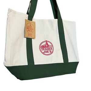 Trader Joe’s Limited Ed. Large Canvas Tote | Green & Cream | Embroidered Logo